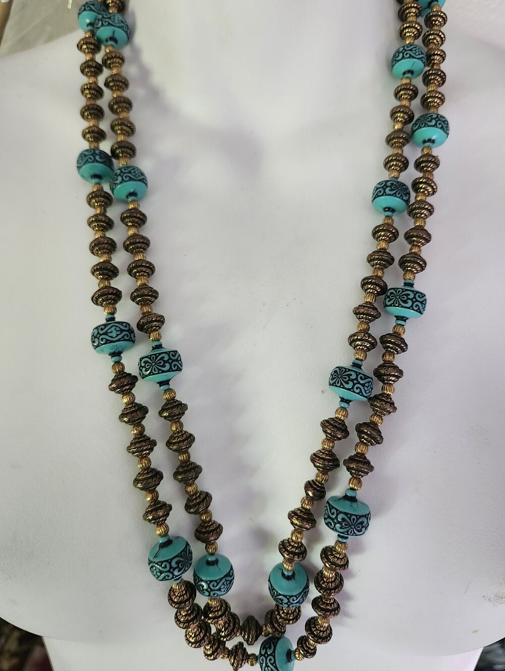 Turquoise & Antique Gold Layered Bead Necklace